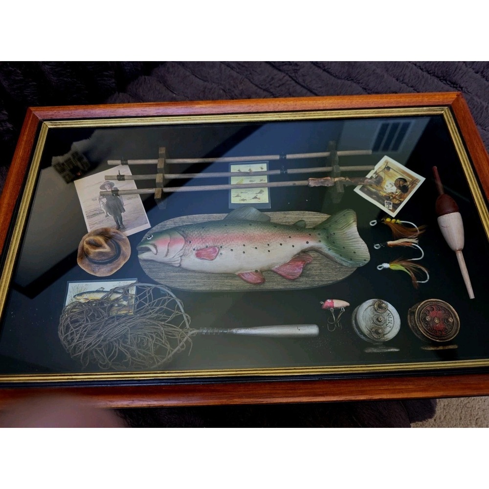 Vintage Fishing Shadow Box Diorama Man Cave Wall Art 25x14 Frame Glass Pre-Owned